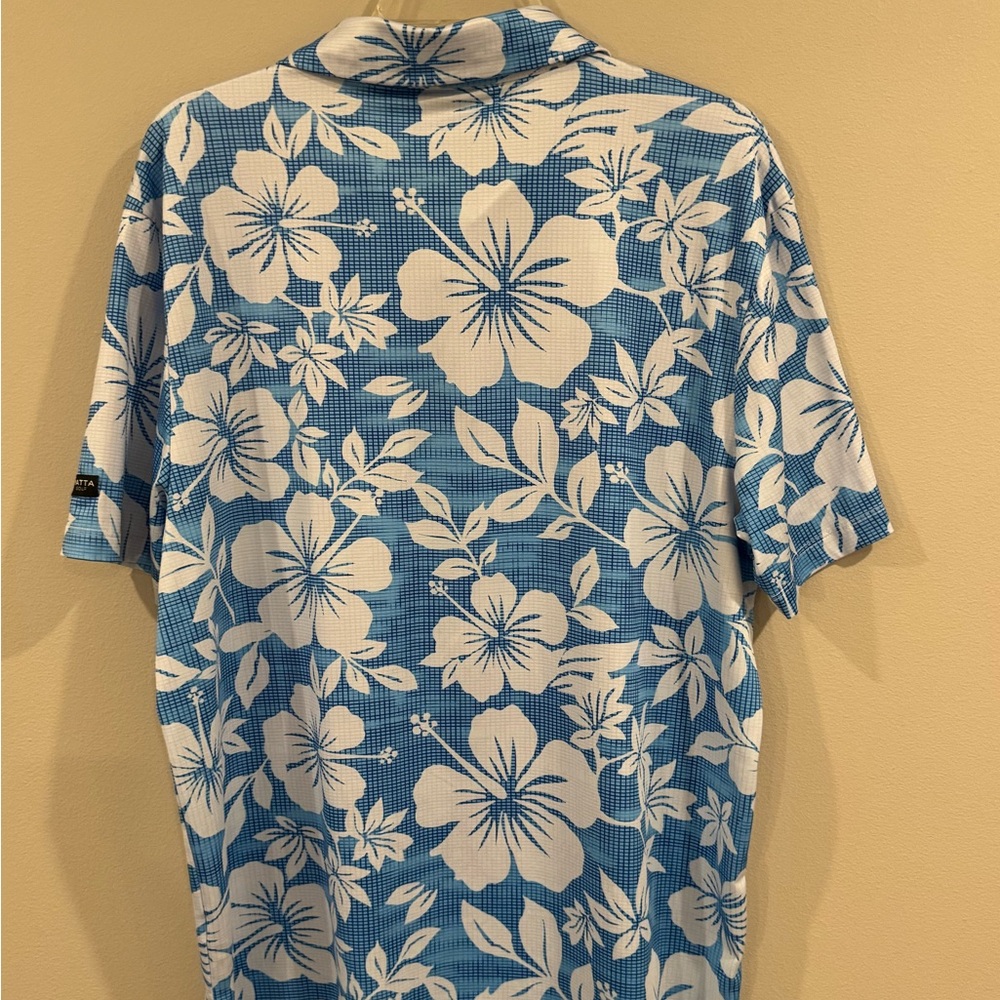Yatta Men's Blue & White Golf Shirt HAWAIIAN TROPICAL FLORAL POLO Shirt Large - Picture 6 of 8